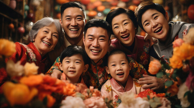 Family photo, Chinese family wearing red traditional clothing in Chinese lunar New Year background