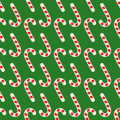 Flat White and Red Candy Cane Seamless Pattern on Green Background vector illustration