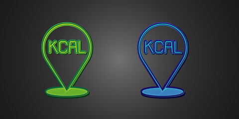 Green and blue Kcal icon isolated on isolated on black background. Health food. Vector