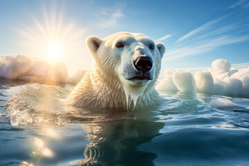 Global warming or climate change concepts with north pole ice melting.ozone environment and polar bear animal life.greenhouse effect.save the world for future living - obrazy, fototapety, plakaty