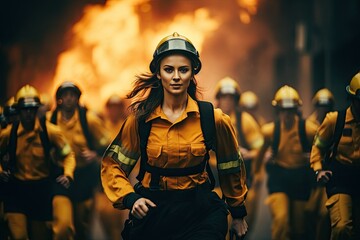 Courageous woman firefighter in full protective gear, confidently standing ready for action with a determined expression