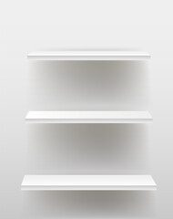 A white empty shelf on a white wall. Vector layout, a place to copy.