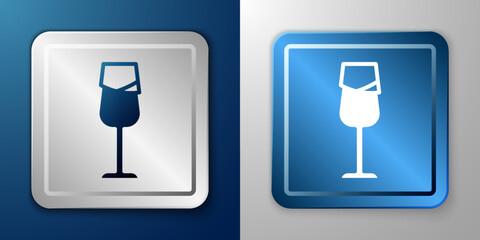 White Wine glass icon isolated on blue and grey background. Wineglass sign. Silver and blue square button. Vector