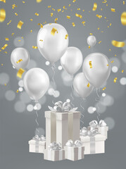 White gift box with silver ribbons and balloons. Vector illustration.