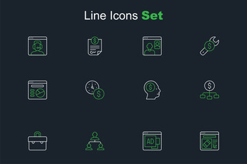 Set line Online shopping on screen, Advertising, Employee hierarchy, Briefcase, Hierarchy with dollar, Business man planning mind, Time money and Pie chart infographic icon. Vector