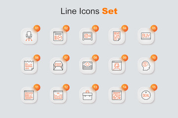 Set line Deal, Online shopping on screen, Briefcase, Browser with stocks market, Resume, Business man planning mind, Telephone 24 hours support and Stacks paper money cash icon. Vector