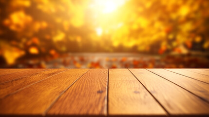 Autumnal wooden deck with fallen leaves, bokeh lights, and soft focus background, ideal for seasonal backgrounds and nature themes, copy space