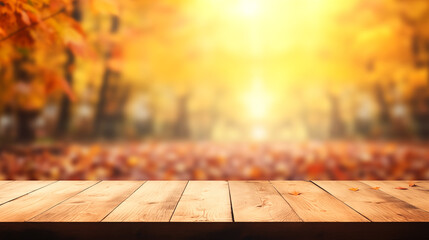 The empty wooden table top with blur background of autumn. Exuberant image. autumn landscape. Concept Autumn nature and product advertising. copy space.. - obrazy, fototapety, plakaty
