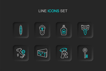 Set line Old key, Roman army helmet, Cheese, Map of Italy, Carnival mask, Perfume, Pope and French baguette bread icon. Vector