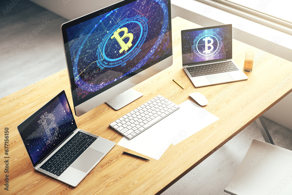 Poster Modern computer monitor with creative Bitcoin symbol. Cryptocurrency concept. 3D Rendering