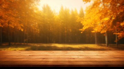 Naklejka na ściany i meble The empty wooden table top with blur background of autumn. Exuberant image. autumn landscape. Concept Autumn nature and product advertising. copy space..
