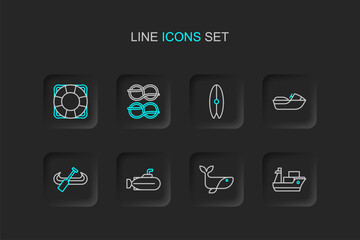 Set line Cargo ship, Whale, Submarine, Kayak and paddle, Jet ski, Surfboard, Nautical rope knots and Lifebuoy icon. Vector
