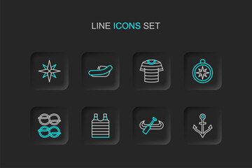 Set line Anchor, Kayak and paddle, Striped sailor t-shirt, Nautical rope knots, Compass, Inflatable boat with motor and Wind rose icon. Vector