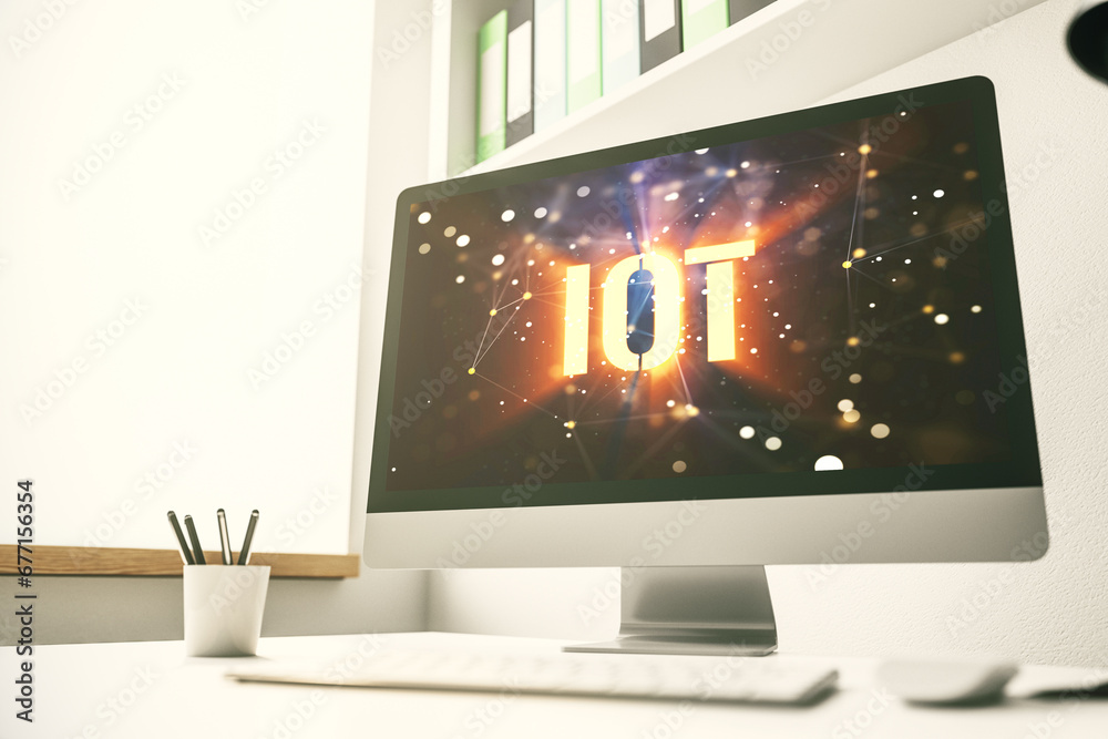 Poster creative iot concept on modern laptop screen. 3d rendering