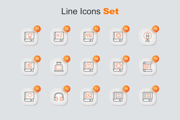 Set line Book, about geometry, Headphones, Romance book, Decree, parchment, scroll, Earth globe and and icon. Vector