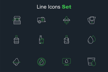 Set line Glass with water, Water drop location, forbidden, Iceberg, Big bottle clean, Bottle of glass and icon. Vector