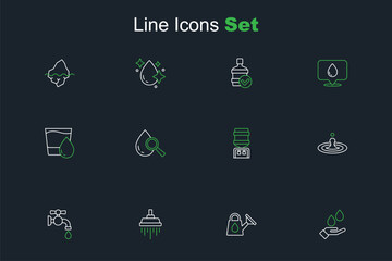 Set line Washing hands with soap, Watering can, Shower, tap, drop, cooler, Drop magnifying glass and Glass water icon. Vector