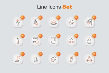 Set line Chemical formula water H2O, Glass with, Water drop, Big bottle clean, tap, and Jug glass icon. Vector