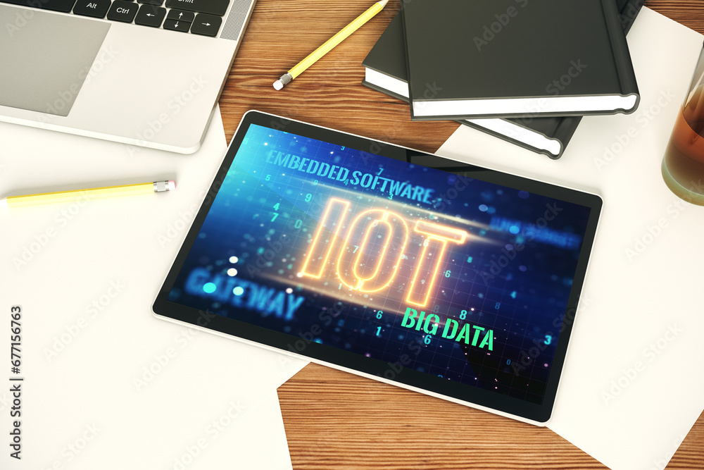 Aufkleber Modern digital tablet monitor with creative IOT hologram, research and development concept. Top view. 3D Rendering