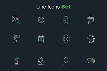 Set line Garbage truck, Iceberg, Water mill, Electric saving plug in leaf, Banner for bio, Infectious waste and CO2 emissions cloud icon. Vector