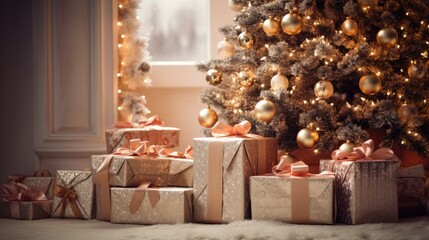 Luxurious Christmas presents with satin bows set against a festive tree adorned with golden lights.