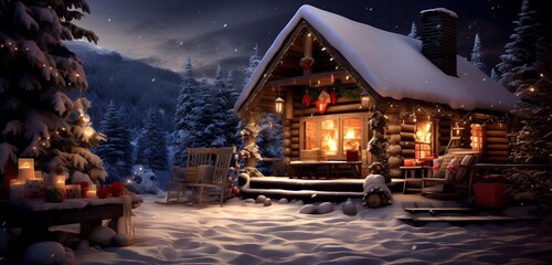 Cozy Snow-Covered Cabin in the Woods with Festive Decorations