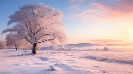 Frost-laden tree stands majestically in a snowy field during a breathtaking sunrise.