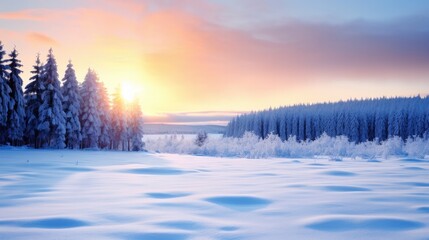 Soft sunset hues cast over a serene snow-blanketed forest.