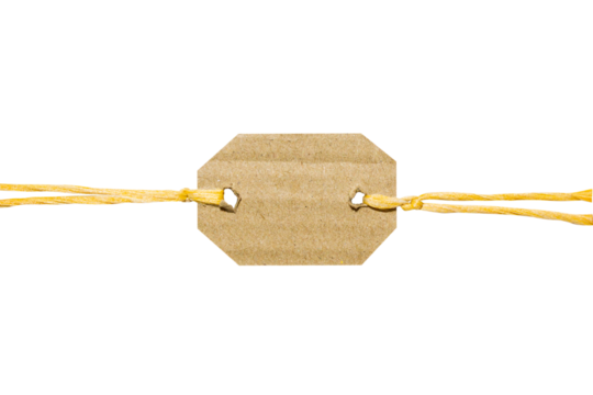 brown tag with cord or thread made of natural craft paper and cardboard. Cut out on a blank background. PNG