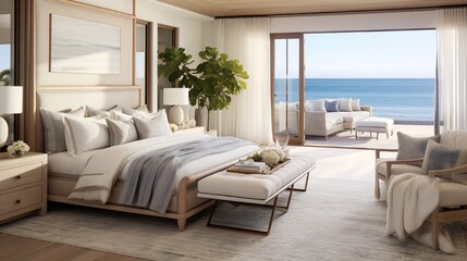 A coastal-inspired master suite with panoramic ocean views, light textiles, and beach-inspired decor.