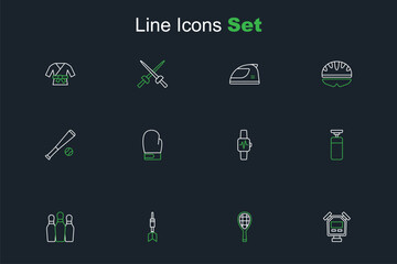 Set line Stopwatch, Tennis racket, Dart arrow, Bowling pin, Punching bag, Smart with heart, Boxing glove and Baseball bat ball icon. Vector