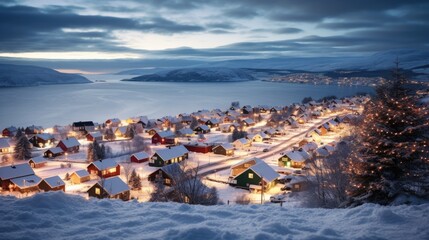 Twilight descends on a snowy village adorned with festive lights beside a frozen lake.
