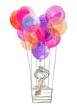 Hand drawn beautiful cute little princess girl flying to the sky by a balloon in the form of heart. A watercolor sketch and ink line drawing