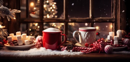 Cozy Corner with Hot Chocolate, Marshmallows, and Festive Mugs