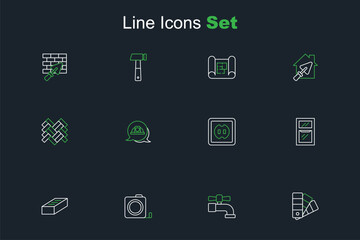 Set line Color palette guide, Water tap, Roulette construction, Brick, Hammer and wrench spanner, Electrical outlet, Worker safety helmet and Parquet icon. Vector