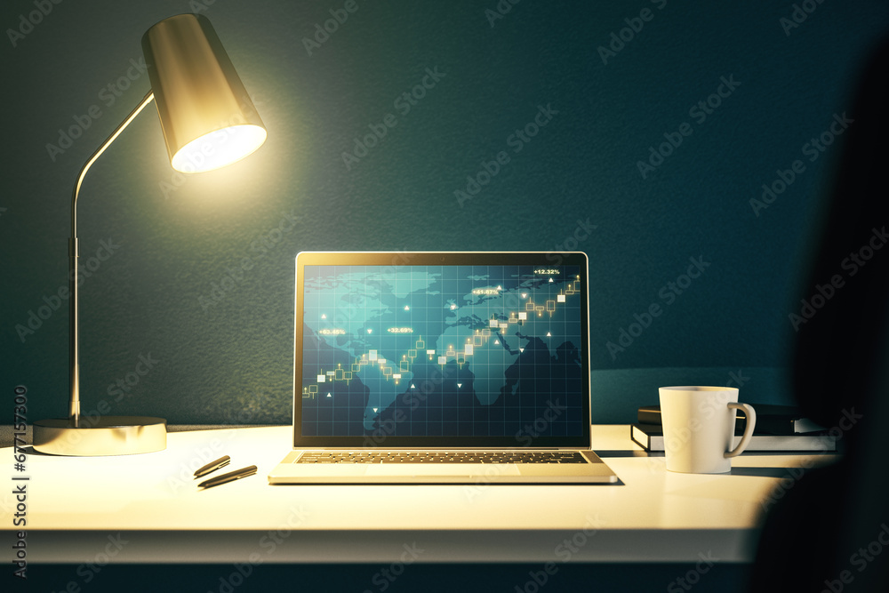 Aufkleber modern computer display with abstract financial graph with world map, financial and trading concept.