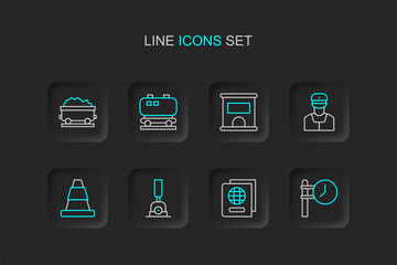 Set line Train station clock, Passport, Arrow for switching the railway, Traffic cone, conductor, Ticket office buy tickets, Oil cistern and Coal train wagon icon. Vector