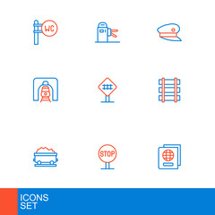Set line Passport, Stop sign, Coal train wagon, Railway barrier, Train railway tunnel, Railroad crossing, driver hat and Turnstile icon. Vector