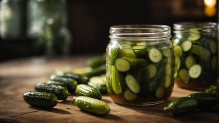 Close up high resolution image of fresh and natural cucumber pickles. Generative AI.