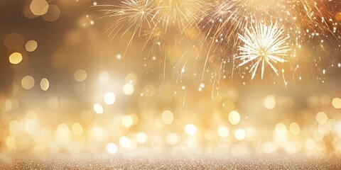 Sparkling spectacle. Vibrant fireworks illuminate night. Festive radiance. Golden lights and firework in celebration. Night to remember. Glittering sky