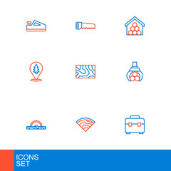 Set line Toolbox, Wooden beam, Electric circular saw, Grapple crane grabbed log, Location of the forest, logs and Hand icon. Vector