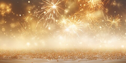 Sparkling spectacle. Vibrant fireworks illuminate night. Festive radiance. Golden lights and firework in celebration. Night to remember. Glittering sky