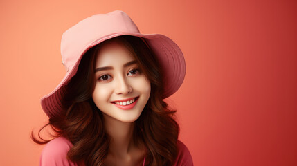 Portrait of vogue fashion smiling Asian girl, solid color background