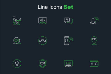 Set line Video chat conference, Microphone, Telephone handset and icon. Vector