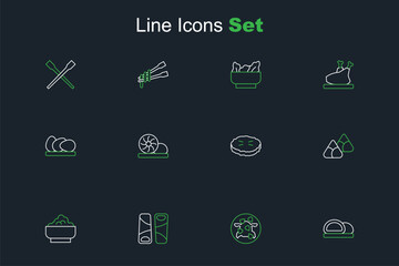 Set line Sushi, Kung Pao chicken, Guotie, Rice in bowl, Zongzi bamboo steamer, Homemade pie, Xiao long bao and Chicken egg icon. Vector