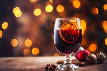 Christmas glass of mulled wine with spices and orange slices on background with blurred Christmas lights