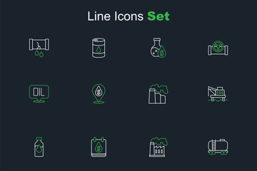 Set line Oil railway cistern, and gas industrial factory, drop with dollar symbol, petrol test tube, platform the sea, and Word oil icon. Vector
