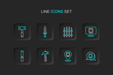 Set line Horseshoe, Hammer, Rasp metal file, Classic iron fence, Medieval sword and icon. Vector