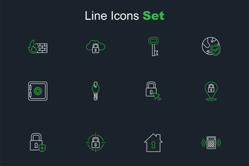 Set line Security keypad access panel, House under protection, Lock, Shield security with lock, Key and Safe icon. Vector