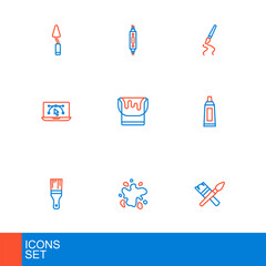 Set line Paint brush, spray, Tube with paint palette, Computer design program, bucket, and Marker pen icon. Vector